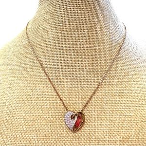 🦢 Swarovski Brand Necklace.  Bronzed tone w/ heart pendant - clear crystals